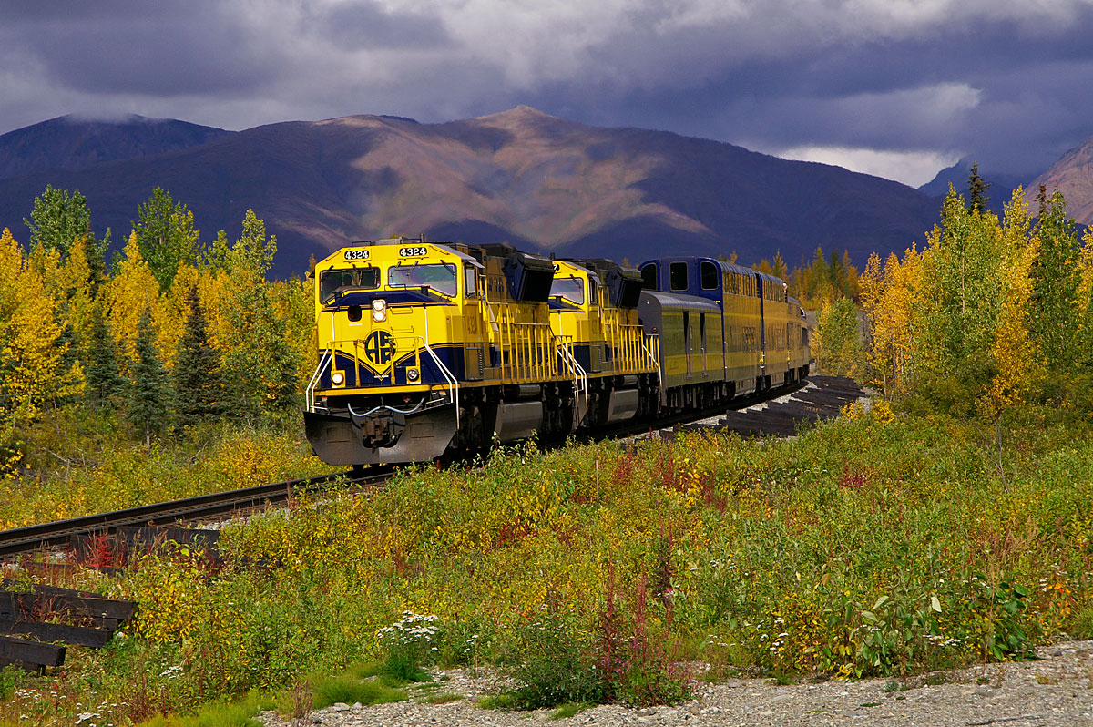 An Alaska RR SD70MAC brings the Denali Star south toward Anchorage near the town of Cantwell.