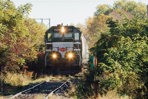 Wisconsin Northen 1501 lumbers down a section of the Barron Sub that is slightly overgrown.