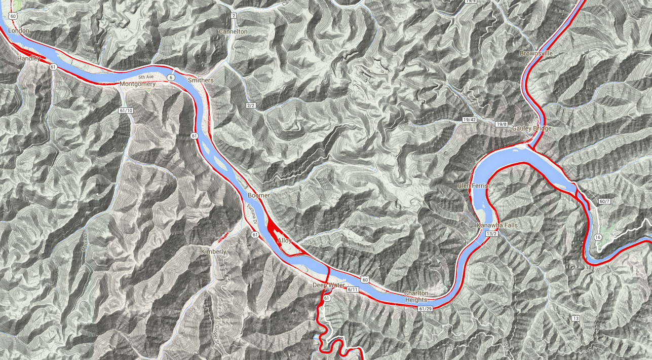 CSX New River Gorge Railroad Terrain Map Handley Deepwater Kanawha Falls