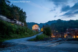 In a late summer blue hour scene, train 845 works west lighting up the old Virginian depot at Matoaka with the Bluestone Branch in the foreground. Matoaka is just one of those fascinating old West Virginia towns that one could spend hours roaming around!