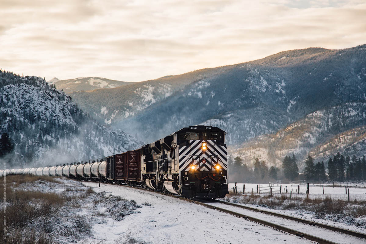 The morning Montana Rail Link gas local approaches Paradise as they continue west to Thompson Falls. The gas local is a tank train the hauls Conoco Fuels between Missoula and Pipeline. Pipeline is just east of Thompson Falls. This train fills a missing link in the Yellowstone Pipeline that crosses through the Flathead Indian Reservation after the lease wasn't renewed. The Yellowstone Pipeline runs between Moses Lake, Washington and Billings, Montana. In 1995, the Salish and Kootenai tribes did not renew the 20 year lease to cross tribal lands due to over 70 spills since the pipeline was built in 1954, including three major spills on reservation land. So this gap has been bridged by rail and white tank cars over the 10th Sub.